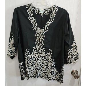 Vtg Caro of Honolulu Women's Embroidered‎ Button Up Blouse Top Black/White Sz 10